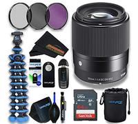 Sigma 30mm F1.4 DC DN Contemporary Lens for Sony E Mount Cameras with 64GB SD Card, 52mm Filter Kit, Flexible Tripod, Remote, Lens Pouch & Cleaning Kit Bundle