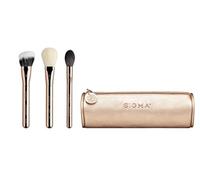Sigma Beauty Bloom + Glow Brush Set - 3 Makeup Brushes with Gold Makeup Bag - Blush Brush, Contour Brush, and Setting Powder Brush with Rose Gold Makeup Brush Case