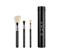 Sigma Beauty Travel Essential Trio - Makeup Brush Set for Foundation Powder Eyeshadow - 3 Tool Brushes with Brush Tin Holder - Skin Safe, Vegan Makeup Brushes for Travel - Black