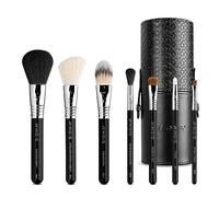 Sigma Beauty Travel Makeup Brush Set - Travel Makeup Brushes with Premium Fibers and Sleek, Durable Handles for Face and Eyes, Includes 7 Black Makeup Brushes and a Makeup Brush Cup