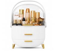 SIGMA LOOM Makeup Organiser Storage Box With Drawers - Dustproof Cosmetic Organiser Case - Skincare & Beauty Storage Holder - Transparent Cover - Vanity Countertop Makeup Storage - White & Gold Design