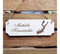 Sign « Diving » Custom Door Sign with Personalised Engraving and Motif - Size Approx. 20 x 6.7 x 0.5 cm - Shabby Decoration Name - Sport Diver Water Sports