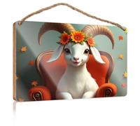 Sign Front Door Decor A Goat with Flowers On Its Head Sits in an Orange Chair Funny Home Sign Cool Stuff for Your Room(23X35CM)