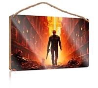 Sign Front Door Decor A Man Walks Through A Dystopian Cityscape, Armed and Determined Teen Stuff No Solociting Signs(20X30CM)