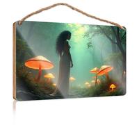 Sign Front Door Decor A Woman in A Flowing Dress Stands Amidst Glowing Mushrooms in A Mystical Forest Teen Stuff No Solociting Signs(20X30CM)