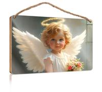 Sign Front Door Decor Angel with Wings Holding Flowers Funny Home Sign Cool Stuff for Your Room(15X28CM)