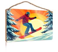 Sign Front Door Decor Snowboarder in Red Jacket Riding Down Snowy Slope with Trees On Either Side Teen Stuff No Solociting Signs(20X30CM)