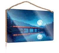 Sign Front Door Decor Train Crossing Bridge Under Full Moon Funny Home Sign Cool Stuff for Your Room(23X35CM)