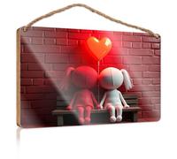 Sign Front Door Decor Two Dolls Sitting On A Bench Holding A Heart-Shaped Balloon Funny Home Sign Cool Stuff for Your Room(20X30CM)