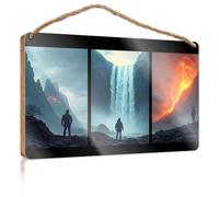 Sign Front Door Decor Volcanic Eruption, Waterfall, Mountainous Landscape Funny Home Sign Cool Stuff for Your Room(20X30CM)