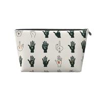 Sign Language Alphabet Art Printed Toiletry Bag for Women Girl Portable Travel Cosmetic Bag Leather Makeup Pouch Organizer with Silver Zipper