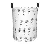 Sign Language Alphabet Print Collapsible Circular Laundry Hamper - Waterproof Canvas Basket With Handles For Kids Toy Storage, Dirty Clothes Organizer For Bedroom/Laundry Room