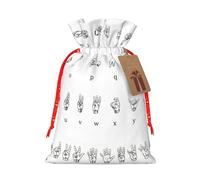 Sign Language Alphabet Print Holiday Burlap Gift Bag With Drawstring, Small Party Favor Pouches For Christmas Gifting-S Size