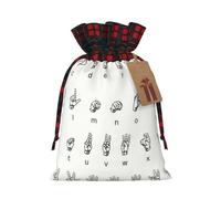 Sign Language Alphabet Printed Christmas Drawstring Linen Gift Bags â€“ Reusable Burlap Fabric Bags With Tags For Christmas Gifts, Party Favors, Wedding Decor & Holiday Packaging 2 Sizes