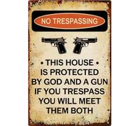 Sign No Trespassing This House Is Protected God A Rifle Tin Sign Funny Mural Hanging For Room Bar Kitchen Dining S