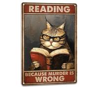 Sign Reading Book Hippie Cat Reading Because Murder Is Wrong Tin Sign Novelty Poster For Teenage Kitchen Cafe Pub S