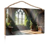 Sign Wood Of I Saw That Funny Door Window Enchanted Library: A Gothic Retreat Wooden Sign Fall Porch Decor Lake House Decor(15X28CM)