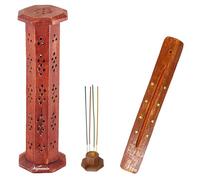 SIGNAMIO® 2pcs Wooden Tower Agarbatti and Dhoop Holder Premium Incense Stick Stand with Ash Catcher for Pooja Room Decoration - Puja Items for Home Mandir & Agarbatti Stand Holder with Storage Box
