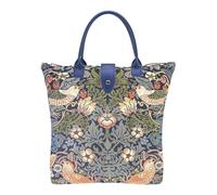 Signare Foldable Tote Bag, Reusable Shopping Bag, Strawberry Thief Blue | Open: 35 x 30 x 9 cm; folded: 20 x 12 x 3.5 cm; 15 cm handle drop; 0.27 kg; full zip, frontal clip and foldable design