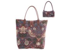 Signare Foldable Tote Bag, Reusable Shopping Bag, Strawberry Thief Red | Open: 35 x 30 x 9 cm; folded: 20 x 12 x 3.5 cm; 15 cm handle drop; 0.27 kg; full zip, frontal clip and foldable design