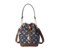 Signare London Handbag for Women - Drawstring Bucket Bag Blue Denim Heart Monogram with Embroidered Teddy Bear | Small Tapestry Shoulder & Crossbody Bag with Adjustable Strap