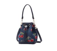 Signare London Handbag for Women - Drawstring Bucket Bag Blue Tapestry with Embroidered Cherry Design | Small Shoulder & Crossbody Bag with Adjustable Strap | Compact Everyday Purse