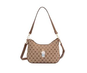 Signare London Moon-Shaped Underarm Handbag - Beige Monogram with Teddy Bear | Women’s Shoulder & Crossbody Bag with Adjustable Strap | Compact Everyday Purse