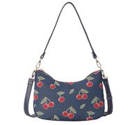 Signare London Moon-Shaped Underarm Handbag - Blue Tapestry with Embroidered Cherry Design | Women’s Shoulder & Crossbody Bag with Adjustable Strap | Compact Everyday Purse