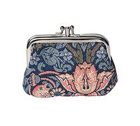 Signare Tapestry Coin Purse, Purses for Women, Strawberry Thief Blue Design | Double-clasp frame purse with 2 compartments and patterned nylon lining; 13 x 8 x 5 cm, 0.15 kg, for coins and essentials
