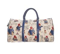 Signare Tapestry Large Duffel Bag with Paddington Bear Design - Spacious Weekender and Overnight Travel Bag for Women - Cream Backdrop with Blue Trimming and Handles (Paddington Bear - BHOLD-PADD)