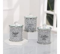 Signature Crystal Crushed Diamond Tea Coffee Sugar Canister Jars Kitchen Storage Silver Trimmings Crystal Filled Black Writing