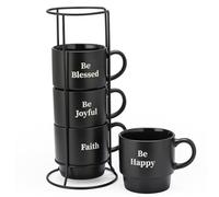 Signature Housewares Be Happy Stackable Stoneware Coffee Mug Set with Metal Rack - 15 Ounce Coffee Mugs for Coffee, Tea, Hot Chocolate, Milk, Set of 4, Matte Black