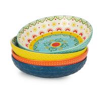 Signature Housewares Morocco 36 OZ Shallow Dinner Bowls/Deep Plates Perfect for Spaghetti and Salads - Set of 4 - Large Ceramic Bowls - Colorful Handpainted Pasta Bowls -
