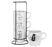 Signature Housewares Stackable Coffee Mugs Set of 4 Mugs with Metal Stand- Cat's Life