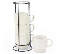 Signature Housewares White Embossed Stackable Coffee Mug Set with Rack - 15 Ounce Coffee Mugs for Coffee, Tea, Cocoa, Milk, Cappuccino, Hot Chocolate Set of 4, White Glazed Ceramic
