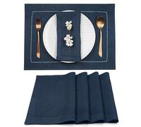 Signature Linen™ by D'Moksha, 100% Pure Linen Navy Blue Placemats Set of 4 | Hemstitch Placemats, 35 x 45 cm, For Dining Decor, Bureau Veritas Certified | Fall, Halloween, Indoor, Outdoor Hosting