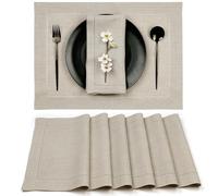 Signature Linen™ by D'Moksha Natural Placemats Set of 6, 35 x 45 cm Table Mats, 100% Pure Linen, Hemstitch, Machine Washable Table Mats- Summer, Weddings, Outdoor hostings