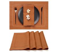 Signature Linen™ by D'Moksha, Rust Placemats Set of 4, 35 x 45 cm, 100% Pure Linen Table Mats, Hemstitch, Machine Washable Cloth Placemats- Fall, Weddings, Outdoor hosting