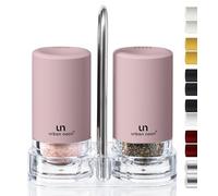 Signature Petal Pink Salt and Pepper Shakers with Holder - Elegant Stainless Steel Salt Shaker and Pepper Shaker Set with Acrylic Holder for Kitchen Counter or Restaurant Table (2-Piece Set)