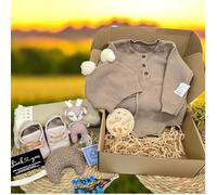 Signature Unisex Baby Romper Gift Set, Knitted Sweater & Hat, Booties, Crochet Rattle Toy, Muslin Swaddle, Hello World Wooden Sign, Pacifier & Pacifier Clip Holder, Beige, Chocolate & White
