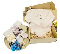 Signature Unisex Baby Romper Gift Set, Knitted Sweater & Hat, Booties, Crochet Rattle Toy, Swaddle, Hello World Sign, Pacifier & Pacifier Clip Holder, Beige, Chocolate & White (White)