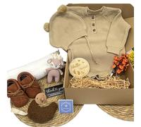 Signature Unisex Baby Romper Gift Set, Knitted Sweater & Hat, Booties, Crochet Rattle Toy, Swaddle, Hello World Sign, Pacifier & Pacifier Clip Holder, Beige, Chocolate & White (Beige)