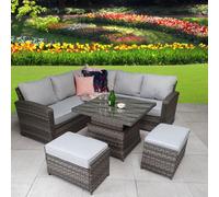 Signature Weave Georgia Wicker Corner Sofa Lift Dining Table + 2X Ottomans Grey