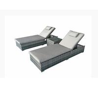 Signature Weave Jessica Wicker 2 X Sun Lounger Chair & Side Drinks Table Grey