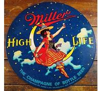 SIGNCHAT Miller High Life Beer Witch Sitting On Crescent Moon Round Metal Adv Sign Funny Metal Sign Crossing Traffic Novelty Sign 12X12 Inch
