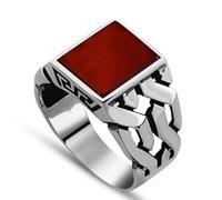 signet ring， 925 Sterling Silver Red Gemstone Ring with Engraved Name, Hiphop Cool Agate Signet Size UK I-Z+6