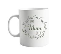 signkitsuk Best Mum Ever Mug - 11oz Ceramic Coffee Mug with Leaf Wreath Design - Mother’s Day, Birthday, or Gift for Mummy, Great for Tea, Coffee, or Hot Chocolate Lovers