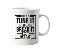signkitsuk Build It, Tune It, Race It, Break It, Fix It, Repeat - 11oz Ceramic Coffee Mug for Car Enthusiasts, Gearheads, and Racing Fans - Funny Gift for Mechanics, Drivers, and Auto Lovers