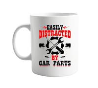 signkitsuk Easily Distracted by Car Parts 11oz Ceramic Coffee Mug - Funny Automotive Mug for Car Enthusiasts, Mechanics, and Auto Lovers - Themed Design for Morning Coffee or Tea