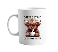 signkitsuk Funny Highland Cow Coffee Mug “Coffee First Questions Later” - Cute Cow Mug 11oz, Animal Lover Gift, Farm Animal Cup, Funny Morning Coffee Mug for Home or Office